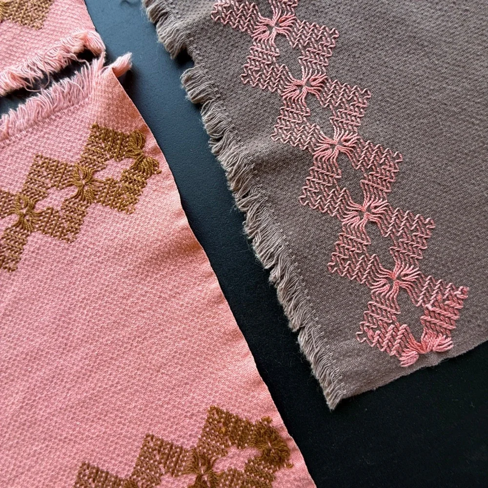 Vintage Handwoven Fringed Placemats Pink Brown Geometric Boho Table Linens Set 3